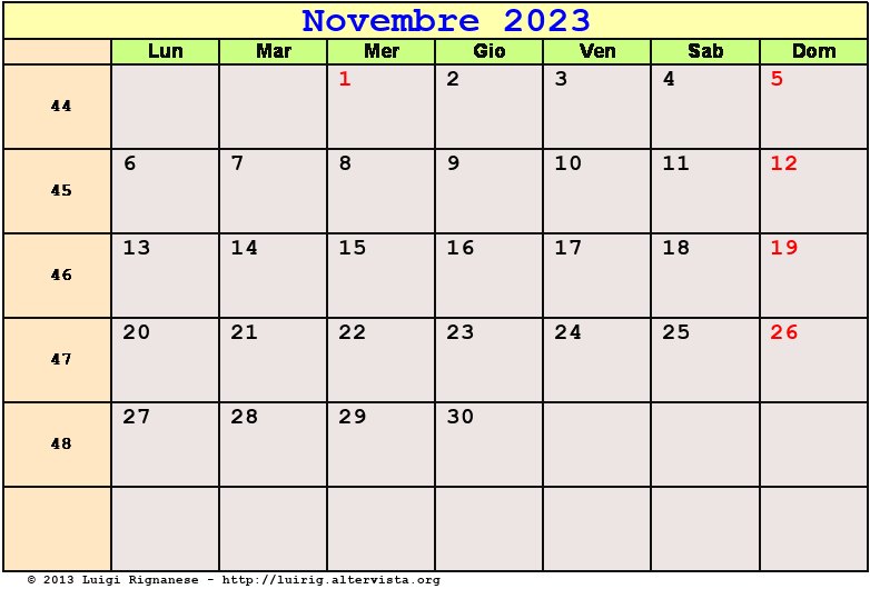 Calendario da stampare Novembre 2023