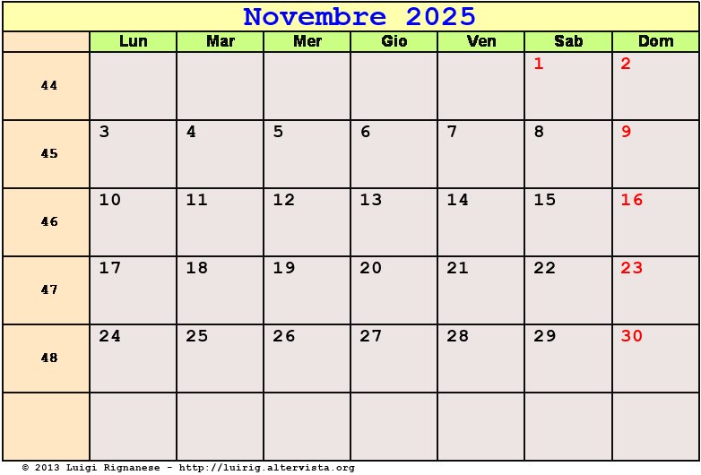 Calendario da stampare Novembre 2025