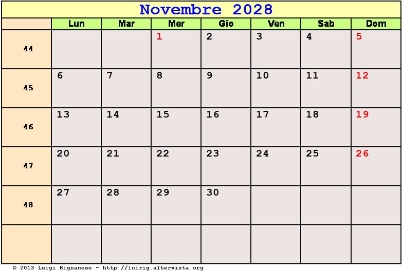 Calendario da stampare Novembre 2028