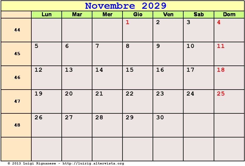 Calendario da stampare Novembre 2029