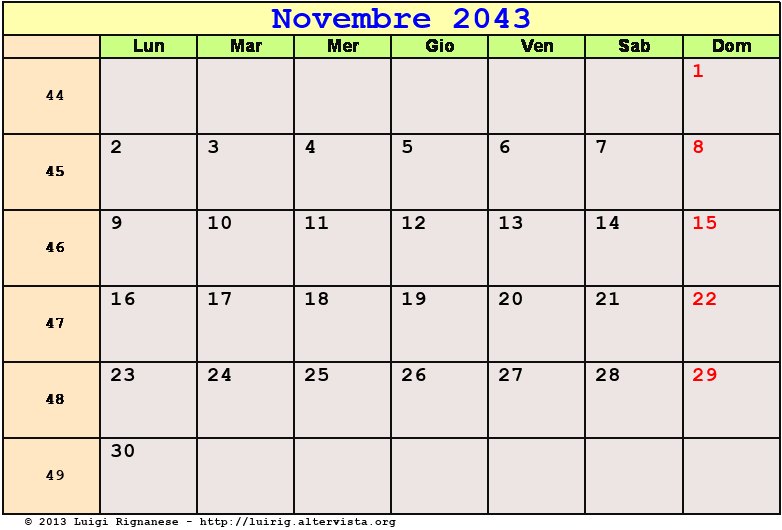 Calendario da stampare Novembre 2043