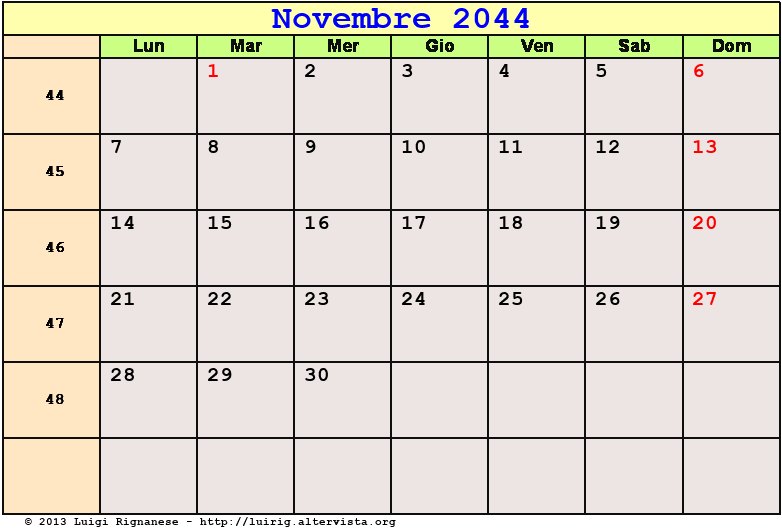 Calendario da stampare Novembre 2044