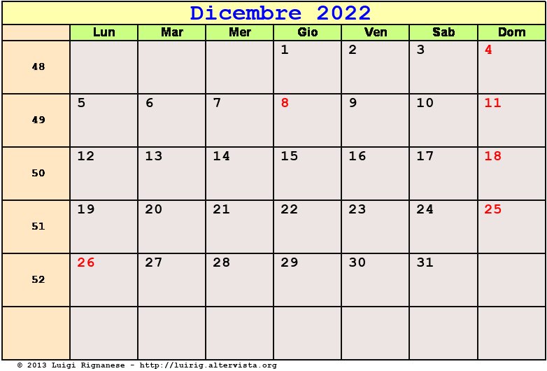 Calendario da stampare Dicembre 2022