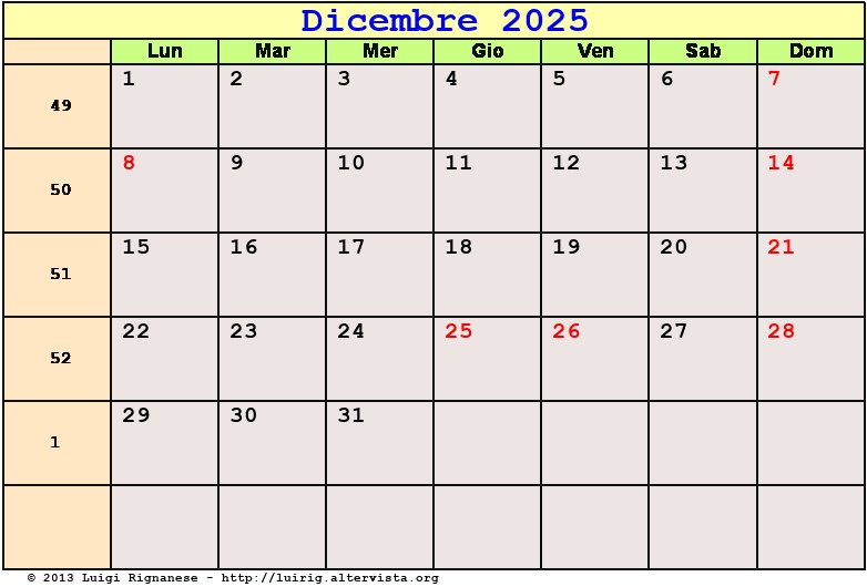 Calendario da stampare Dicembre 2025