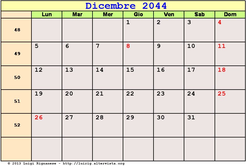 Calendario da stampare Dicembre 2044