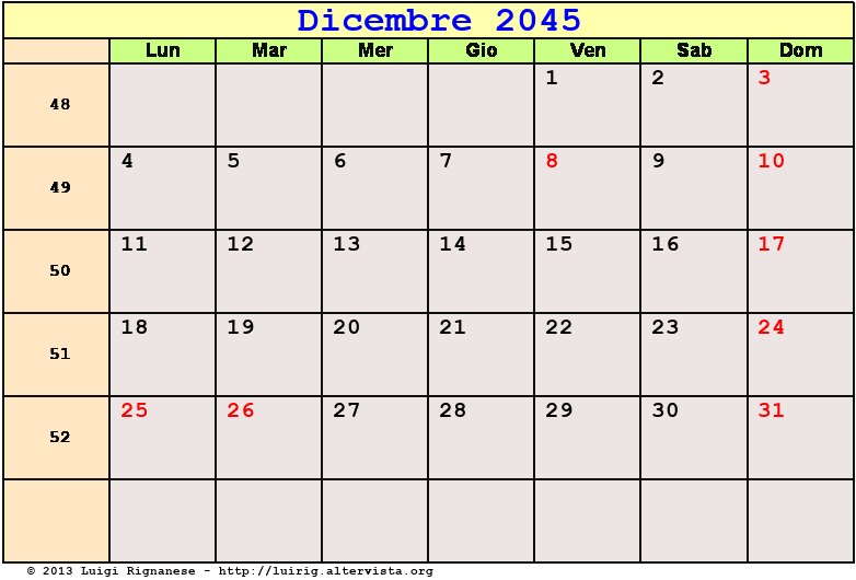Calendario da stampare Dicembre 2045