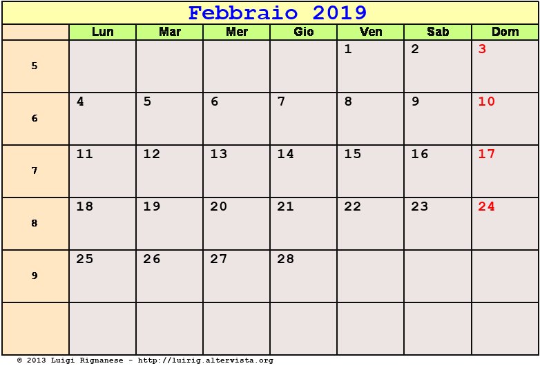 Calendario da stampare Febbraio 2019