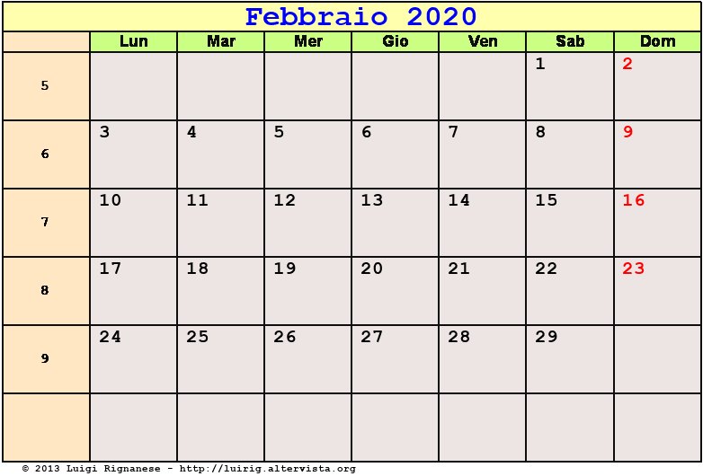 Calendario da stampare Febbraio 2020