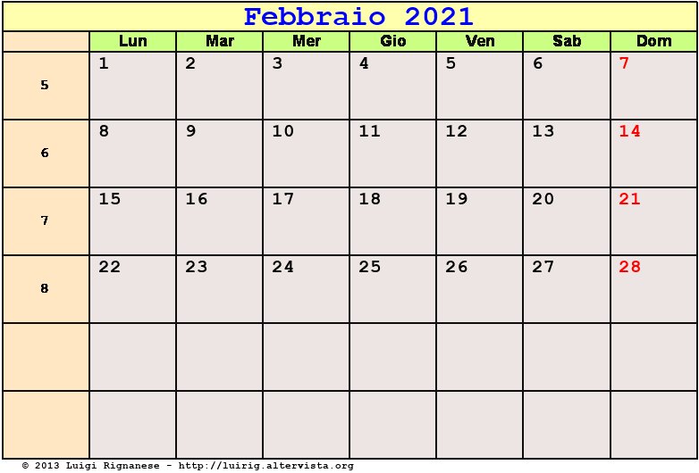 Calendario da stampare Febbraio 2021