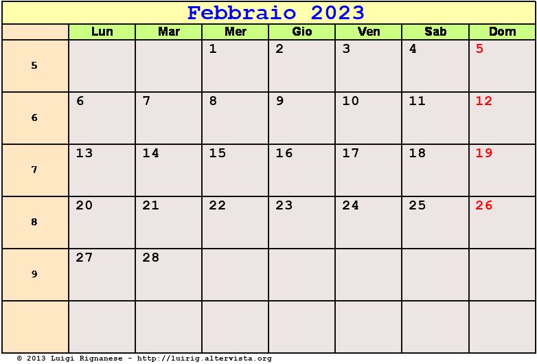 Calendario da stampare Febbraio 2023