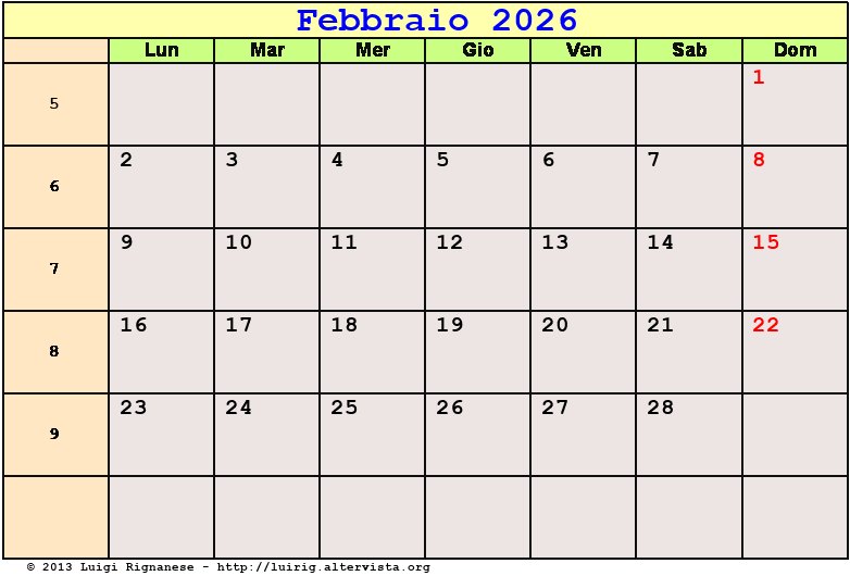 Calendario da stampare Febbraio 2026