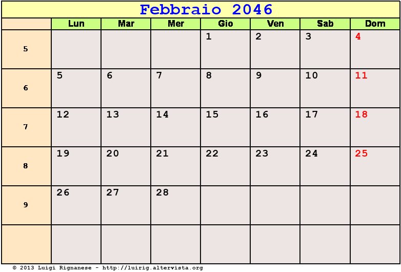 Calendario da stampare Febbraio 2046