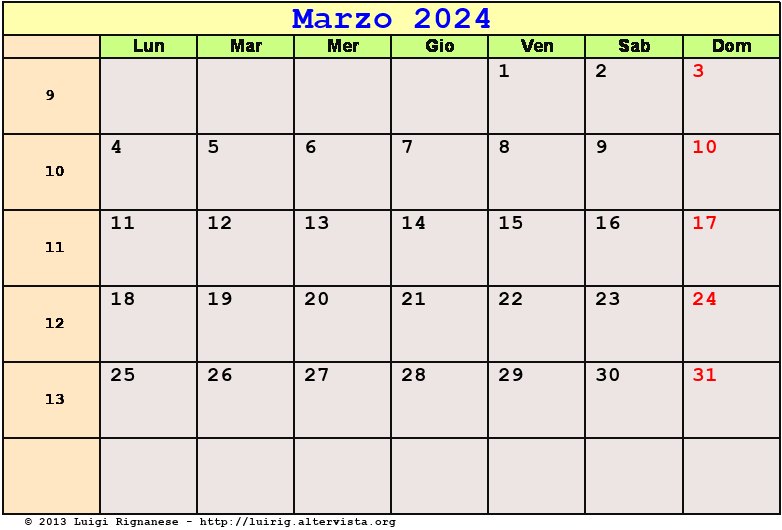Calendario da stampare Marzo 2024