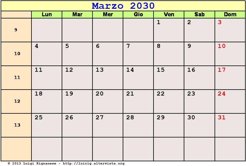 Calendario da stampare Marzo 2030