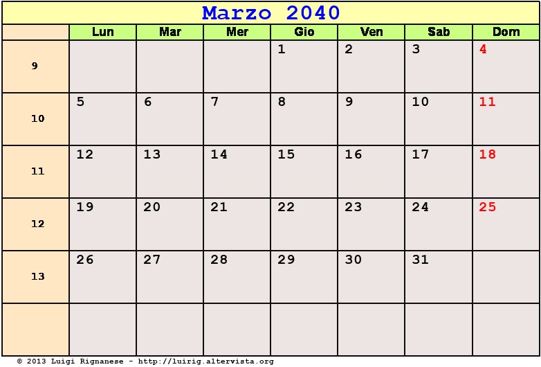 Calendario da stampare Marzo 2040