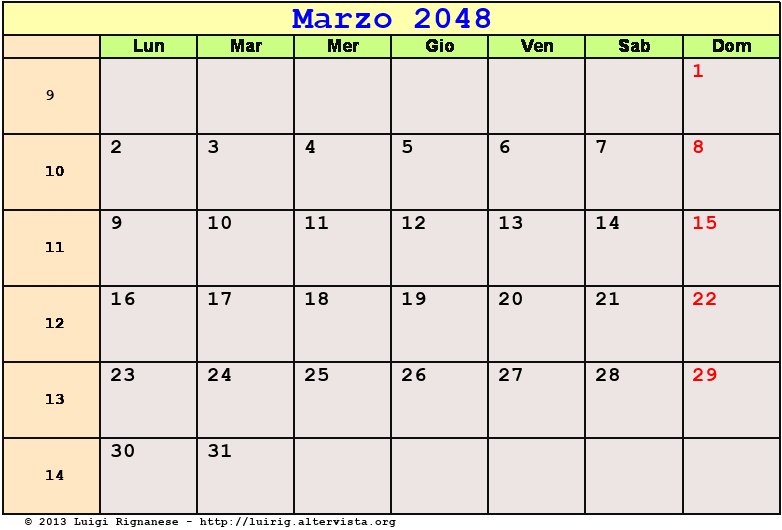 Calendario da stampare Marzo 2048