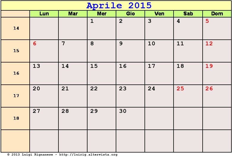 Calendario da stampare Aprile 2015