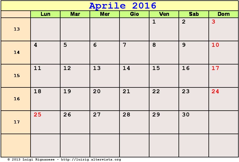 Calendario da stampare Aprile 2016