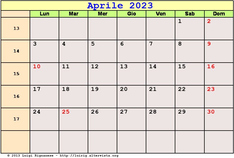 Calendario da stampare Aprile 2023