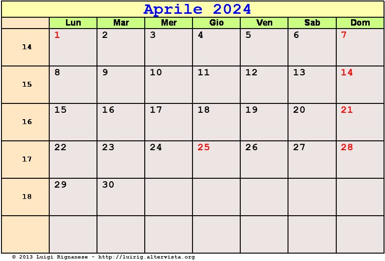 Calendario da stampare Aprile 2024
