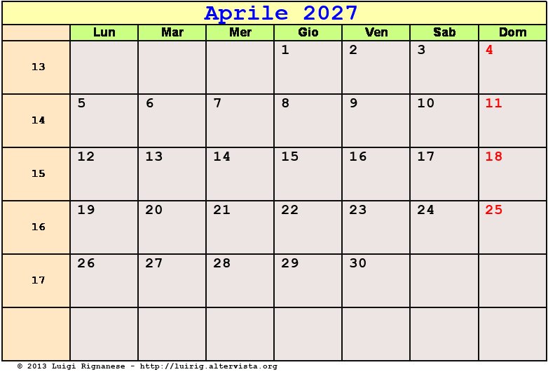 Calendario da stampare Aprile 2027