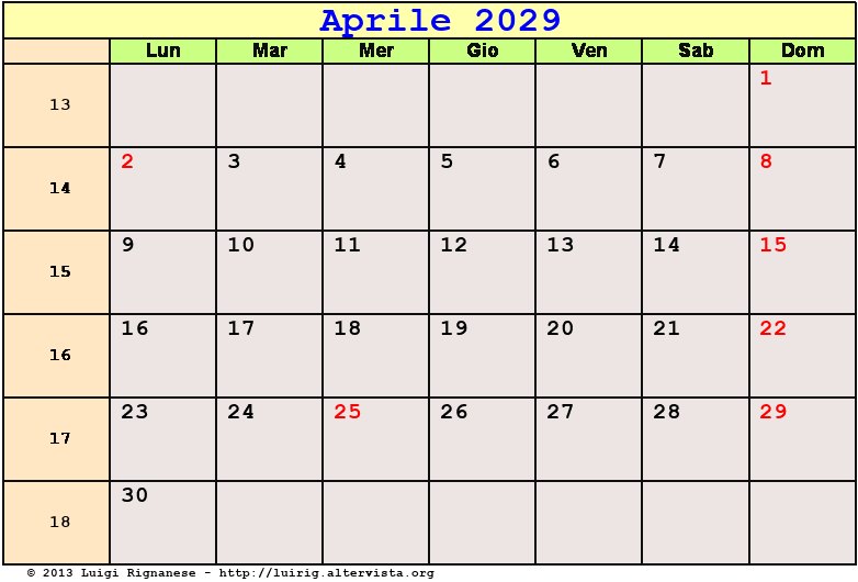 Calendario da stampare Aprile 2029