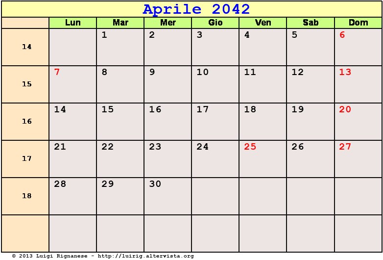 Calendario da stampare Aprile 2042