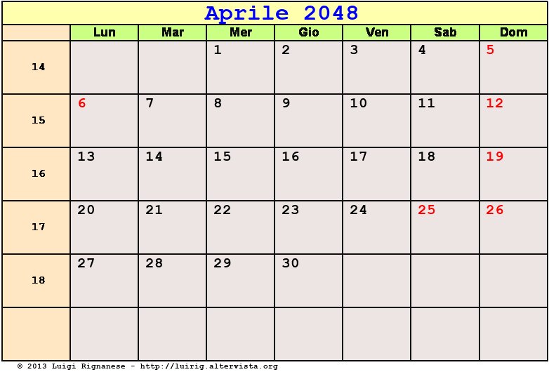 Calendario da stampare Aprile 2048