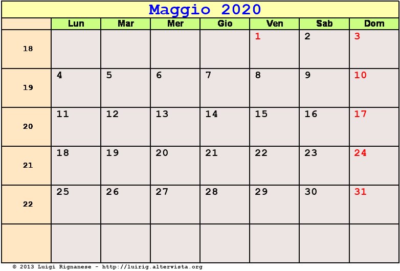 Calendario da stampare Maggio 2020