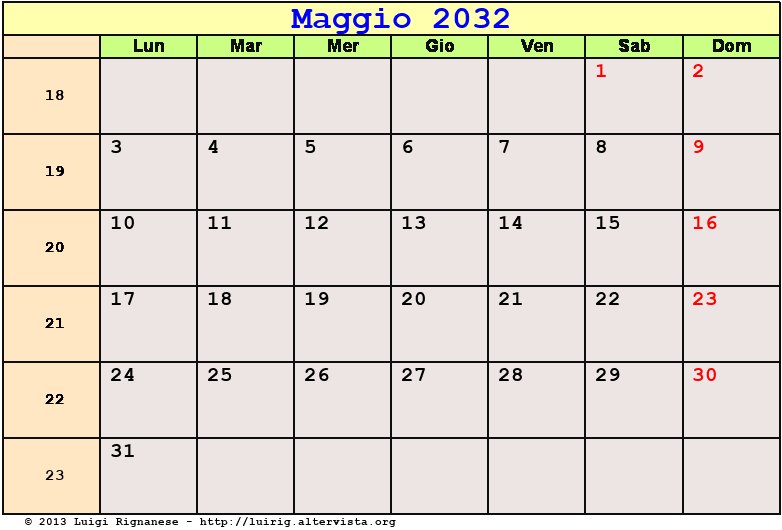 Calendario da stampare Maggio 2032