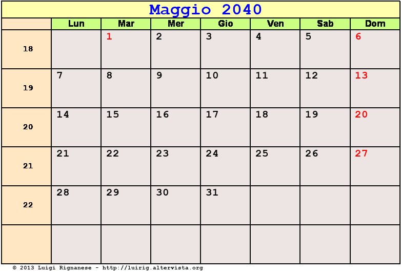 Calendario da stampare Maggio 2040