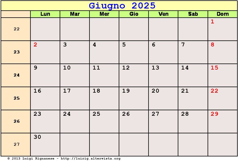 Calendario da stampare Giugno 2025
