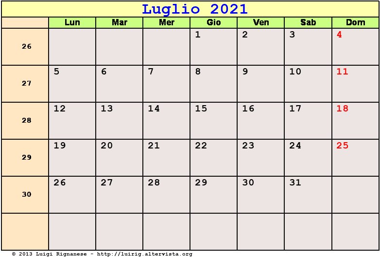 Calendario da stampare Luglio 2021