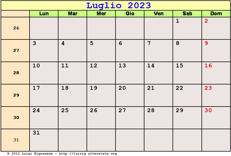 Calendario da stampare Luglio 2023