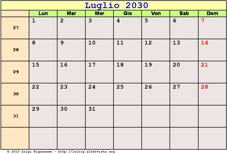 Calendario da stampare Luglio 2030