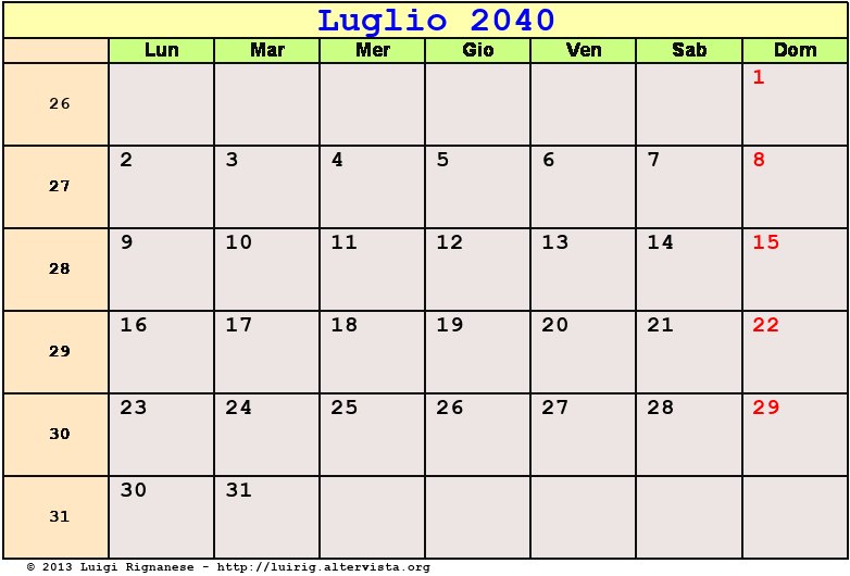 Calendario da stampare Luglio 2040