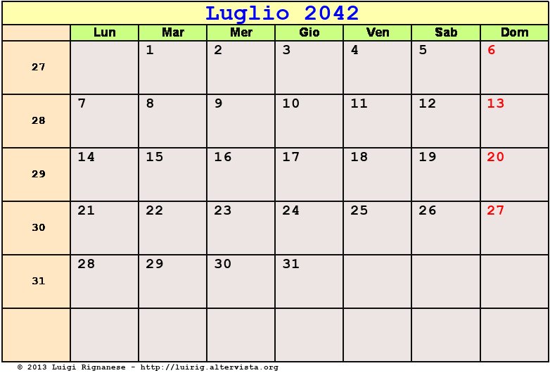Calendario da stampare Luglio 2042