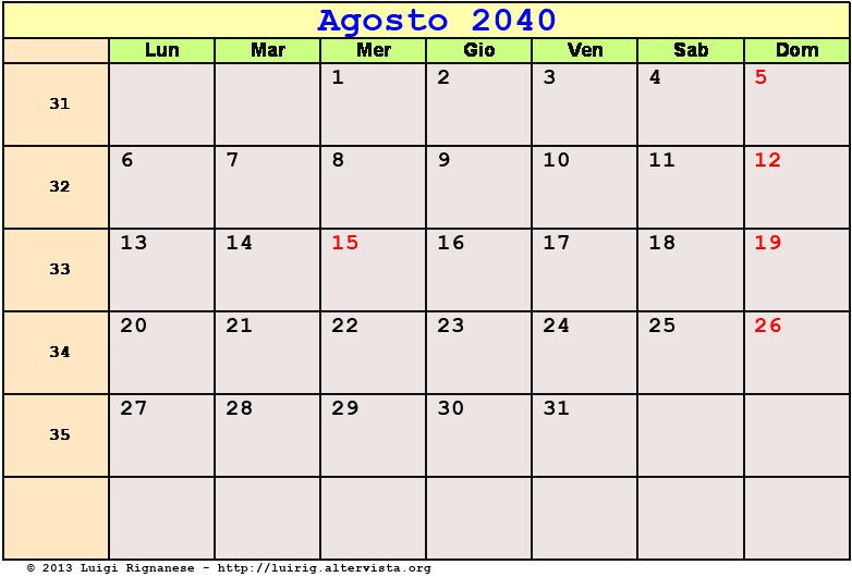 Calendario da stampare Agosto 2040