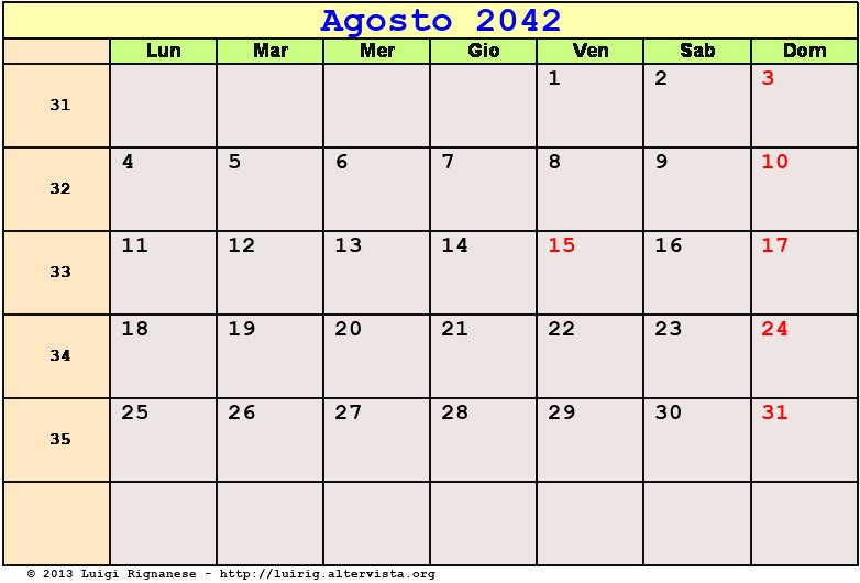 Calendario da stampare Agosto 2042