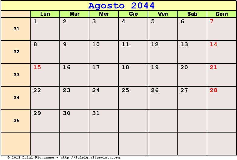 Calendario da stampare Agosto 2044