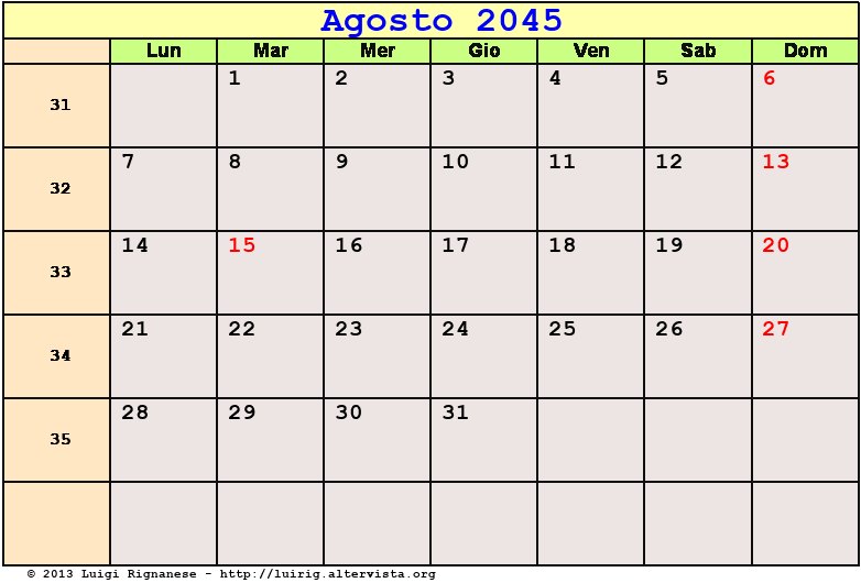 Calendario da stampare Agosto 2045