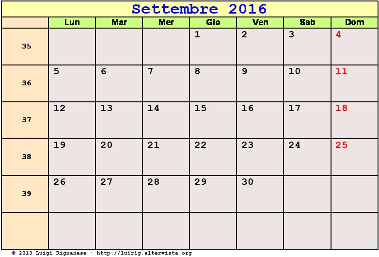 Calendario da stampare Settembre 2016