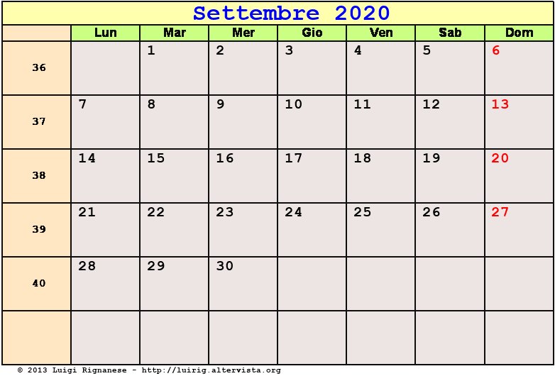 Calendario da stampare Settembre 2020