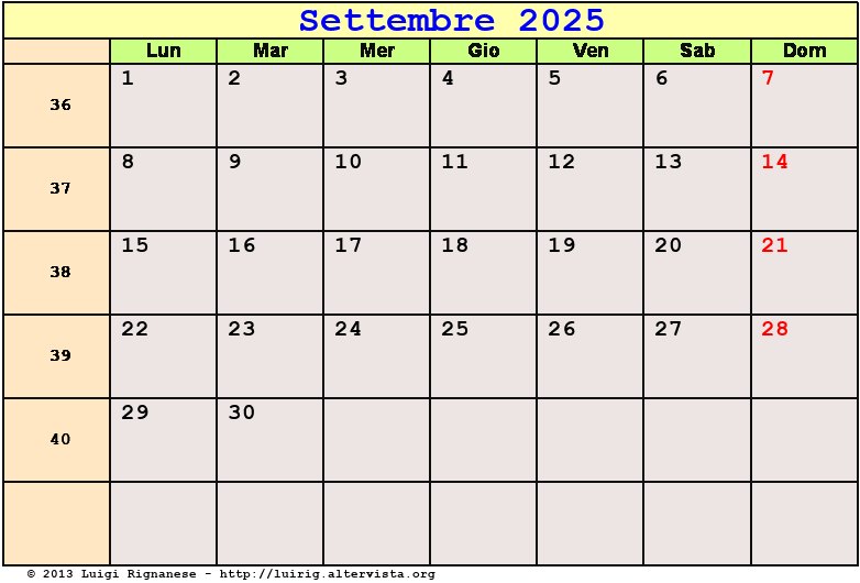 Calendario da stampare Settembre 2025