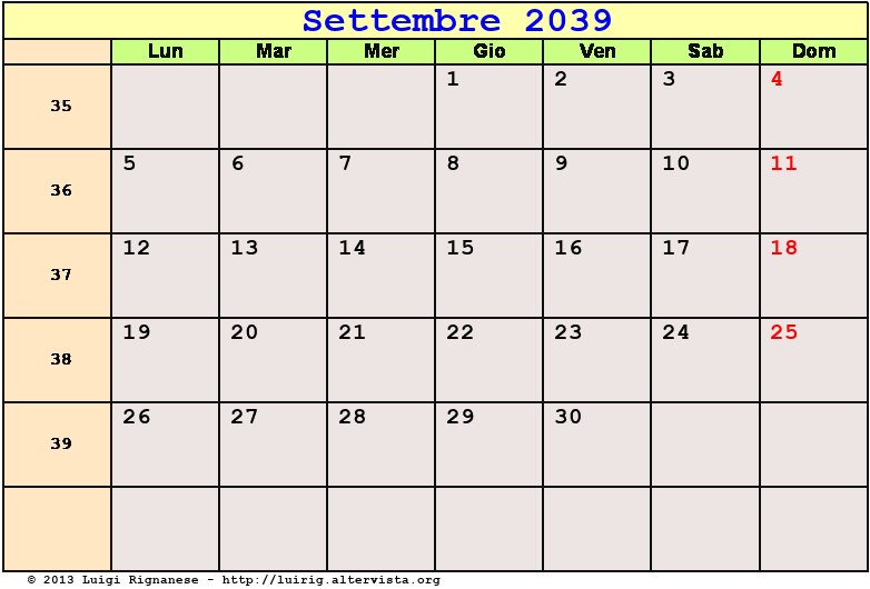 Calendario da stampare Settembre 2039