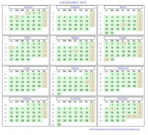 Calendario mese per mese 1874 da stampare