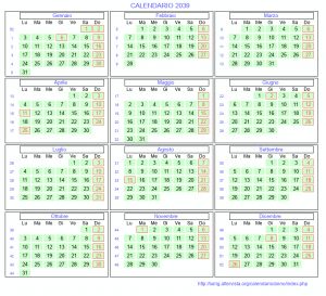 Calendario mese per mese 2039 da stampare