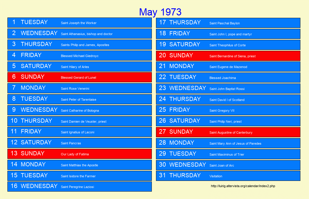 May 1973 Roman Catholic Saints Calendar