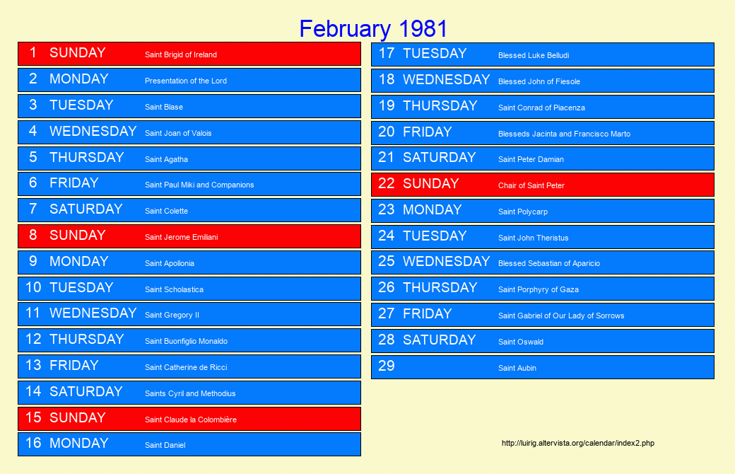 February 1981 Roman Catholic Saints Calendar