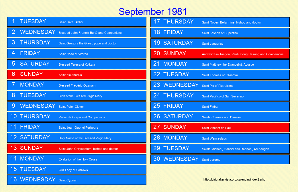 September 1981 Roman Catholic Saints Calendar